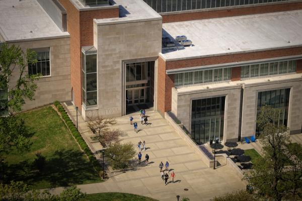 Aerial view of people walking near the Gatton College of Business and Economics