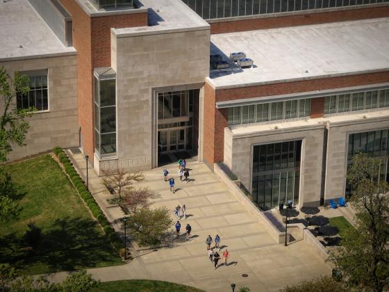 Aerial view of people walking near the Gatton College of Business and Economics